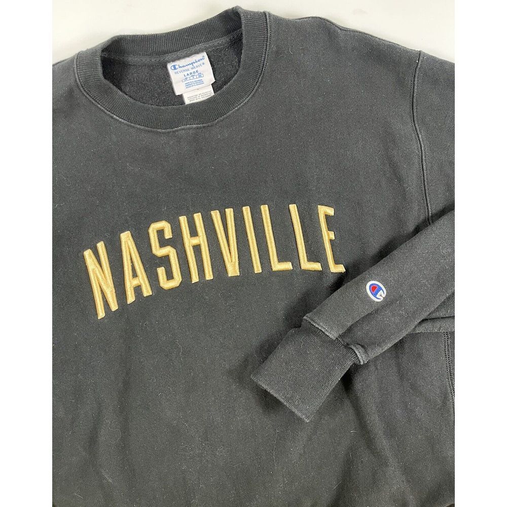 VTG Champion Reverse Weave Nashville Black Crewneck Sweatshirt Large Embroidered